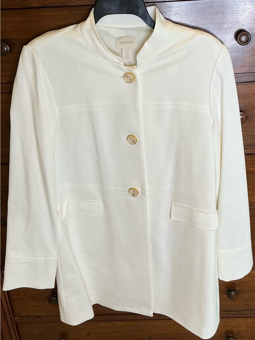 Chico's Cream Collarless Jacket with Gold Buttons